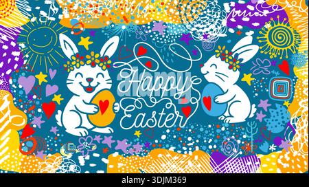 Easter bunnies on a card. Happy Easter. hand drawn. Not AI, Vector illustration Stock Vector