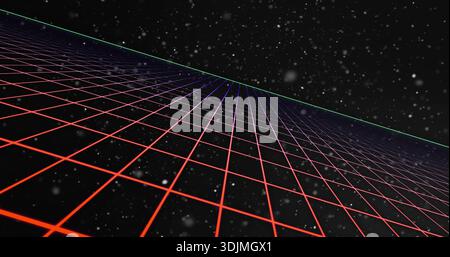 Glowing neon grid plane receding toward green horizon in virtual space, with white particles Stock Photo
