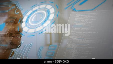 Interacting man in dark top studying holographic blue-ring HUD and code panel in lab, copy space Stock Photo