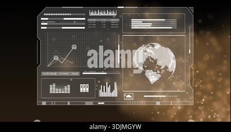 Projecting transparent HUD panel over virtual control, showing grid chart, globe, waveform, sliders Stock Photo