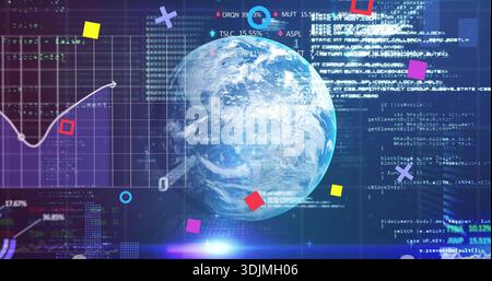 Displaying rendered globe glowing with grid overlay on digital dashboard, showing line chart Stock Photo