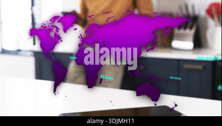 Displaying purple world map overlay covering kitchen countertop, showing teal labels and tablet Stock Photo