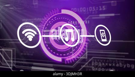 Displaying purple HUD glowing in digital interface, with Wi-Fi music-note smartphone connector-line Stock Photo