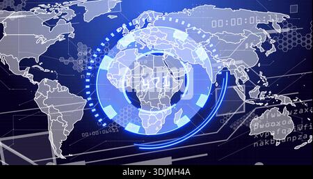 Displaying central holographic HUD highlighting Africa on virtual map, with rings and nodes Stock Photo
