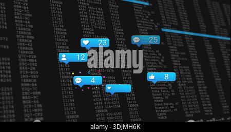 Displaying blue notification bubbles over monospaced terminal display with ERROR codes and counters Stock Photo