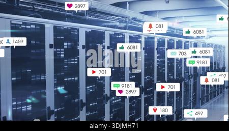 Displaying central server racks glowing with LED lights in data center, with floating social icons Stock Photo