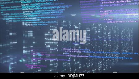 Streaming central data-code columns moving in virtual cyberspace, showing JS-like code lines Stock Photo