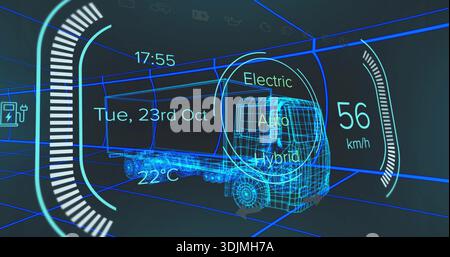 Displaying cyan wireframe truck and trailer in virtual lab, showing mode selector and speedometer Stock Photo