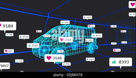 Showing cyan wireframe SUV model rotating in virtual 3D grid tunnel with white metric labels Stock Photo