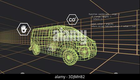 Displaying neon-green wireframe van model rotating in virtual grid, showing HUD icons, hubs, code Stock Photo
