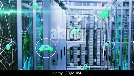 Showing central server racks displaying blade servers and cables in data center, holograms rising Stock Photo