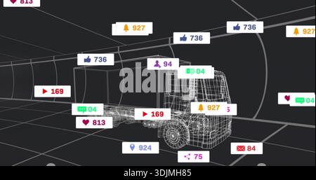 Displaying wireframe truck hovering over grid floor in tunnel, showing floating badges with icons Stock Photo