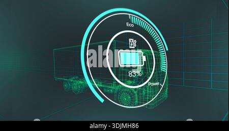 Displaying holographic battery HUD overlaying teal wireframe semi-truck in virtual test bay, 83% Stock Photo