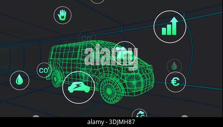 Displaying neon green wireframe van model rotating in 3D tunnel, with HUD icons visible Stock Photo