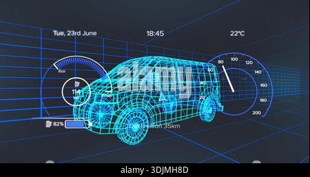 Rotating wireframe SUV model floating in virtual HUD grid, showing speedometer, battery 82% Stock Photo
