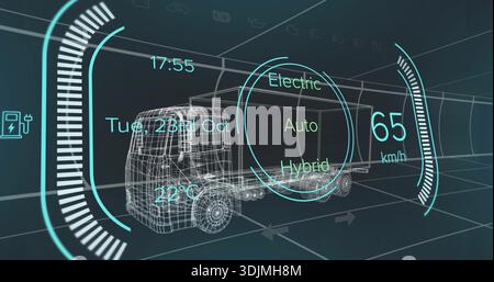 Displaying wireframe box truck model in simulated tunnel, showing drive-mode selector and 65 km or h Stock Photo