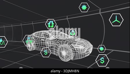Displaying wireframe 4-door sedan with mesh wheels hovering in grid tunnel with hex eco icons Stock Photo