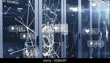 Displaying glass server cabinets glowing in server room, with wireframe network mesh and UI icons Stock Photo