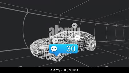 Displaying white wireframe car moving in curved-grid tunnel, showing blue chat badge 30 and bubbles Stock Photo
