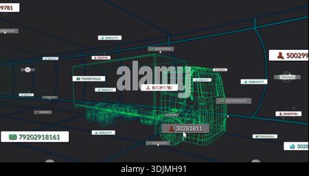Displaying green wireframe truck in cyan grid tunnel center, with floating ID labels and pointer Stock Photo