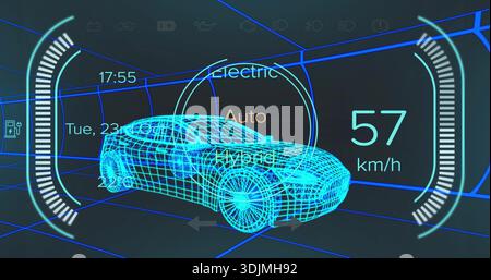 Displaying cyan wireframe 3D car model in neon-blue grid tunnel, showing HUD reticle and 57 km or h Stock Photo