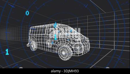 Rendering wireframe cargo van rotating in virtual chamber, showing HUD rings and binary digits Stock Photo