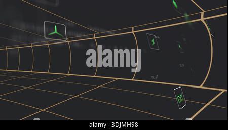 Displaying virtual corridor with gold grid, curved segmented arches, and floating green icon panels Stock Photo