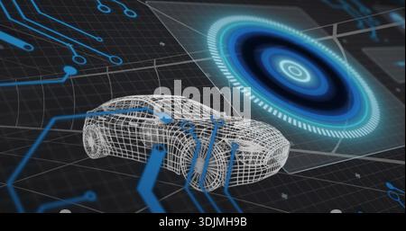 Displaying wireframe 3D sedan model rotating on dark perspective grid, with holographic circular UI Stock Photo