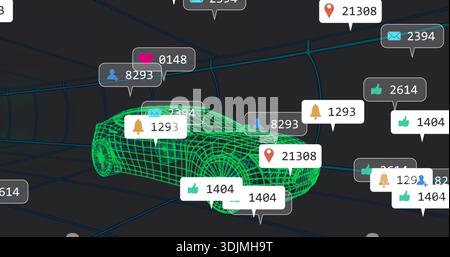 Displaying neon-green wireframe passenger car model rotating inside 3D grid tunnel, with callouts Stock Photo