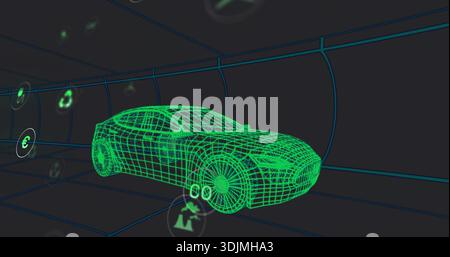 Showing neon green 3D wireframe sedan moving through teal grid tunnel with floating euro HUD icons Stock Photo