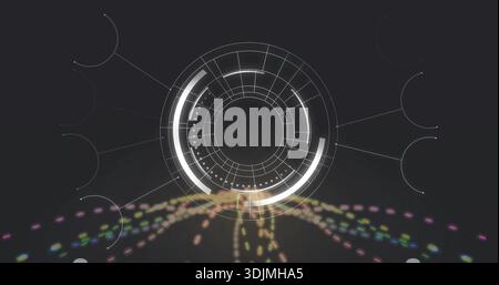 Displaying central multi-ring holographic HUD in virtual tech stage, showing colorful light trails Stock Photo