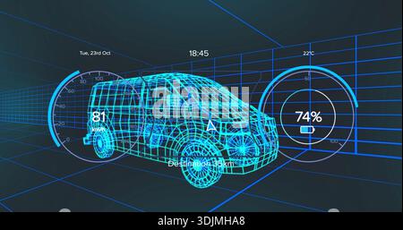 Rendering wireframe 3D van model moving in virtual tunnel, showing speed 81 km or h and battery 74% Stock Photo