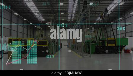 Showing central aisle running through large factory, with green machines, gantry, AR overlays Stock Photo