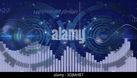 Displaying central data display showing two circular HUDs and glowing waveform on screen with bars Stock Photo