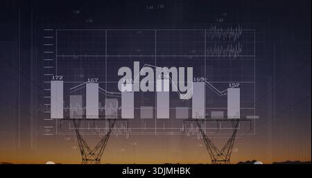 Displaying twin lattice towers at dusk, overlaying bar and line charts with power lines Stock Photo