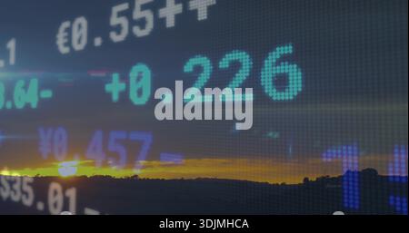 Displaying pixelated digital ticker over rural sunset horizon, showing +0 Stock Photo