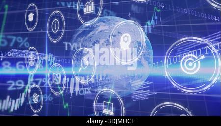 Rotating central digital globe showing candlestick charts and binary code on data grid, with icons Stock Photo