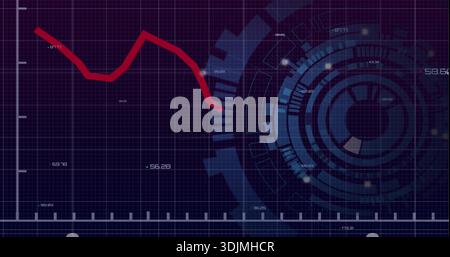 Displaying centered red jagged trend line and concentric HUD on dashboard, featuring gear motif Stock Photo