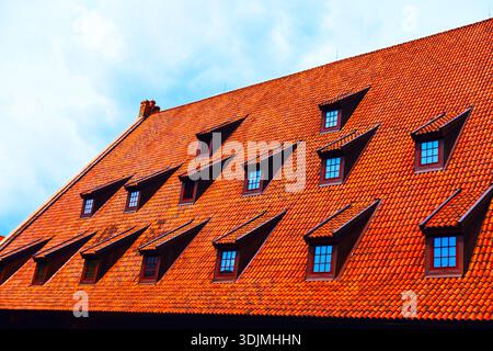 Steeply pitched, red-tiled roof of the Great Mill in Gdańsk, Poland, featuring many dormer windows. Array of dormer windows featuring glass set into h Stock Photo