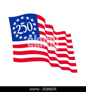 Retro logo style illustration showing Betsy Ross flag featuring 13 white stars in circle on blue with 13 alternating red and white stripes with 250 ad Stock Vector