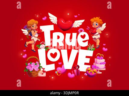 Valentine day greeting card with True Love quote and cute lovely cupid cherubs, cartoon vector. Cupid cherubs or angels with arrow in heart, wedding cake and ring for Valentine day holiday greeting Stock Vector