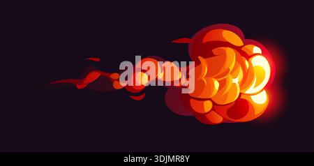 Cartoon magic red smoke effect with bright flame burst. Vector fiery explosion with glowing hot energy and abstract rounded shapes on dark background creating dynamic burning atmosphere Stock Vector
