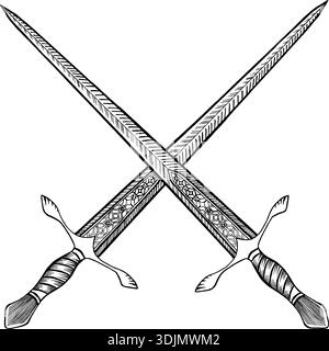 Crossed swords in engraved style. Detailed swords black and white vintage illustration. Monochrome vector artwork on white background Stock Vector