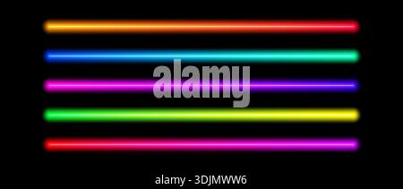 Shining gradient neon tube lamp set. Iridescent led light line beam collection. Bright luminous fluorescent bar sticks. Glowing colorful strip element pack to divide, separate, decorate. Vector Stock Vector