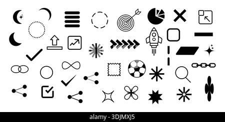 Collection Of Abstract Icons And Symbols Circles, Arrows, Check Marks, Rockets, And More. Stock Vector