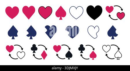 Love and Card Suits Icons Collection Hearts, Spades, Clubs, Rows of Romantic Symbolism. Stock Vector