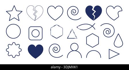 Geometric Icon Set With Hearts, Stars, Circles and Shapes for Creative Design Projects. Stock Vector