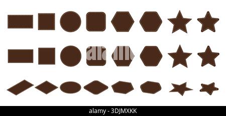 Stitched Leather Shape Set Brown Patches in Rectangles, Circles, Hexagons, Diamonds, and Stars. Stock Vector