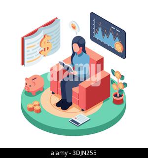 Isometric Woman Learning about Financial Literacy in Living Room. Financial Literacy and Investment Planning Concept Stock Vector