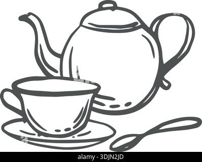Teapot, cup with saucer and spoon vector graphic illustration. Table setting items for tea ceremony. Hand drawn isolated doodle of tea set. Black and Stock Vector